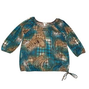 Vintage Carol Rose Blouse Womens XL Green Paisley Plaid 3/4 Sleeve Stretch Top